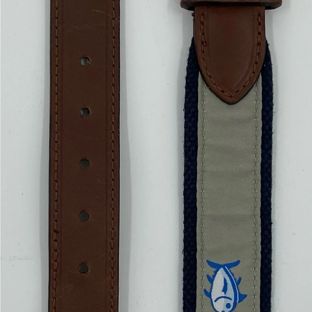 Southern Tide Boy’s 24 Skipjack‎ Fish Belt Canvas & Leather Silver & Navy Blue